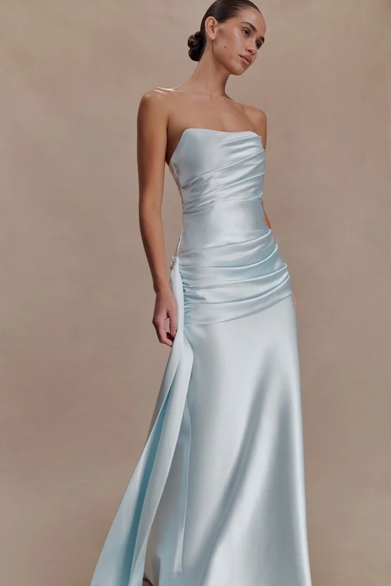 Sarah Strapless Maxi Dress With Waist Tie – Ice Blue Sarah Strapless Maxi Dress With Waist Tie – Ice Blue