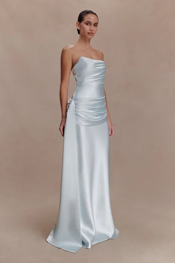 Sarah Strapless Maxi Dress With Waist Tie – Ice Blue Sarah Strapless Maxi Dress With Waist Tie – Ice Blue