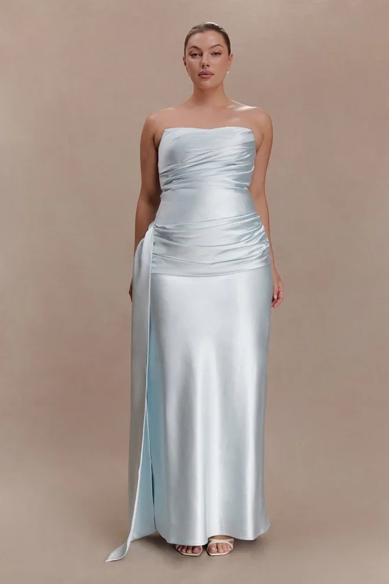 Sarah Strapless Maxi Dress With Waist Tie – Ice Blue Sarah Strapless Maxi Dress With Waist Tie – Ice Blue