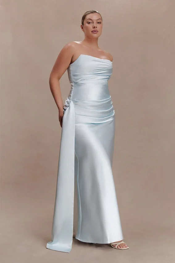 Sarah Strapless Maxi Dress With Waist Tie – Ice Blue Sarah Strapless Maxi Dress With Waist Tie – Ice Blue