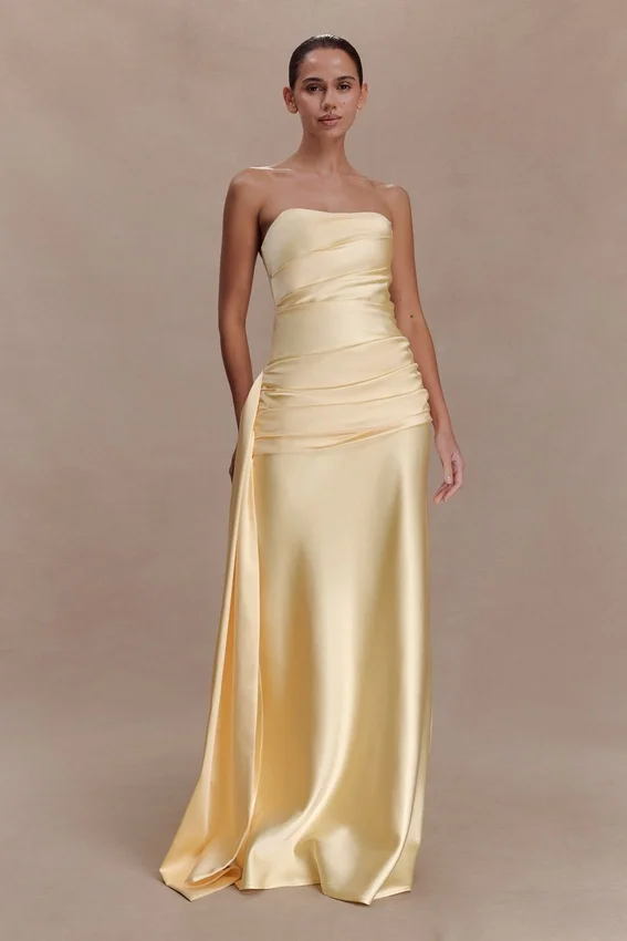 Sarah Strapless Maxi Dress With Waist Tie – Lemon Sarah Strapless Maxi Dress With Waist Tie – Lemon