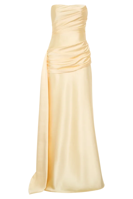 Sarah Strapless Maxi Dress With Waist Tie – Lemon Sarah Strapless Maxi Dress With Waist Tie – Lemon