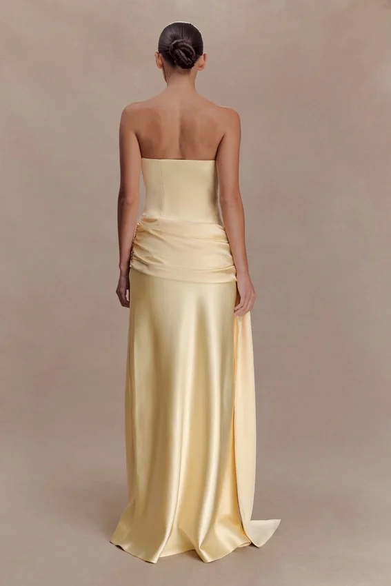 Sarah Strapless Maxi Dress With Waist Tie – Lemon Sarah Strapless Maxi Dress With Waist Tie – Lemon