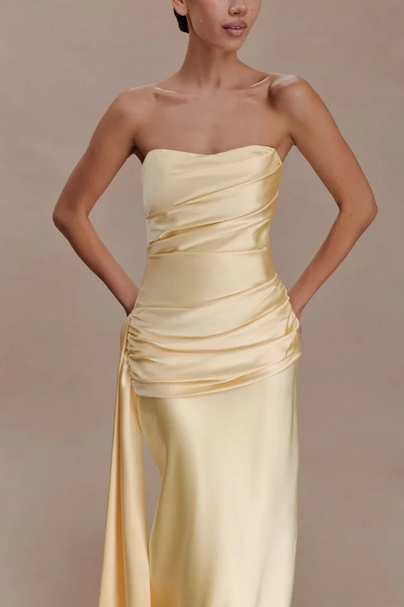 Sarah Strapless Maxi Dress With Waist Tie – Lemon Sarah Strapless Maxi Dress With Waist Tie – Lemon