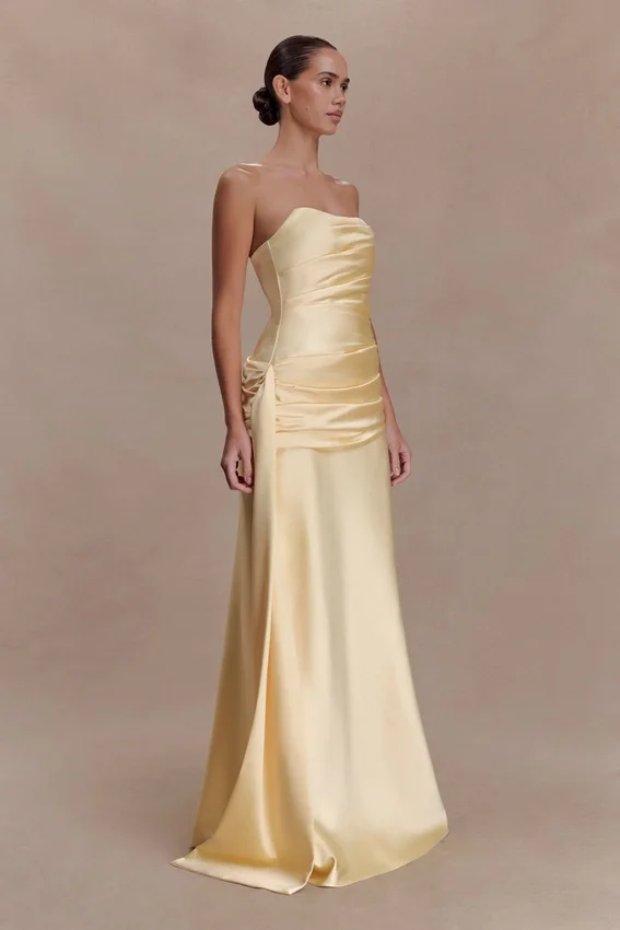 Sarah Strapless Maxi Dress With Waist Tie – Lemon Sarah Strapless Maxi Dress With Waist Tie – Lemon