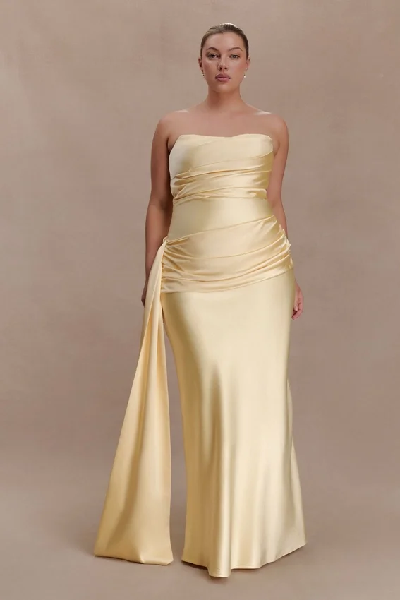 Sarah Strapless Maxi Dress With Waist Tie – Lemon Sarah Strapless Maxi Dress With Waist Tie – Lemon