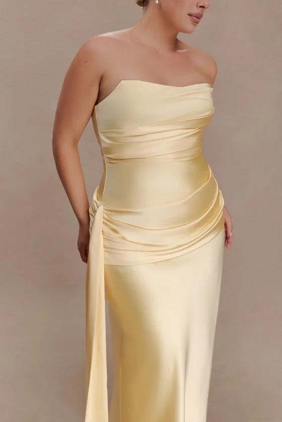 Sarah Strapless Maxi Dress With Waist Tie – Lemon Sarah Strapless Maxi Dress With Waist Tie – Lemon