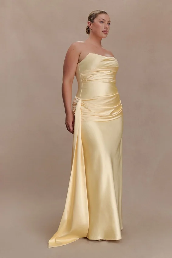 Sarah Strapless Maxi Dress With Waist Tie – Lemon Sarah Strapless Maxi Dress With Waist Tie – Lemon
