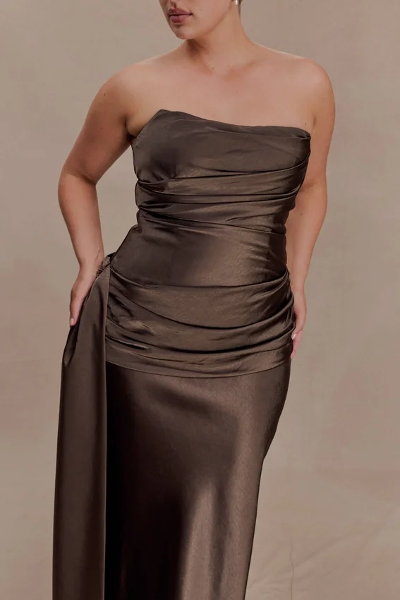 Sarah Strapless Maxi Dress With Waist Tie – Mocha Sarah Strapless Maxi Dress With Waist Tie – Mocha