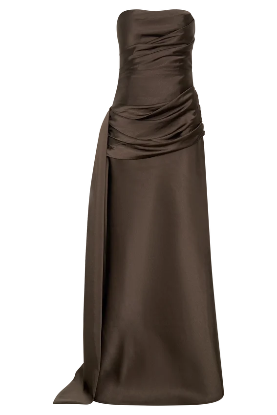 Sarah Strapless Maxi Dress With Waist Tie – Mocha Sarah Strapless Maxi Dress With Waist Tie – Mocha