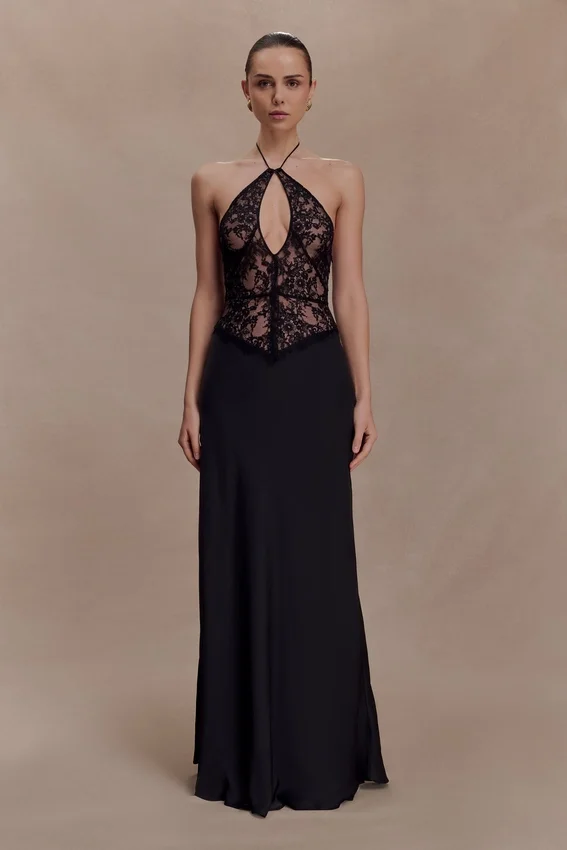 Sascha Lace And Satin Halter Maxi Dress – Black Sascha Lace And Satin Halter Maxi Dress – Black