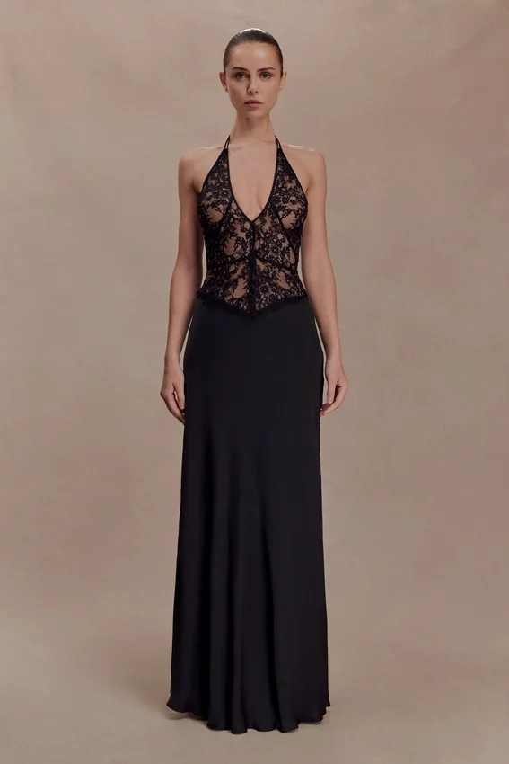 Sascha Lace And Satin Halter Maxi Dress – Black Sascha Lace And Satin Halter Maxi Dress – Black