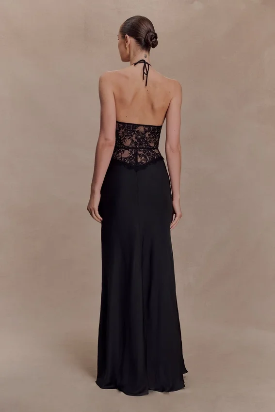 Sascha Lace And Satin Halter Maxi Dress – Black Sascha Lace And Satin Halter Maxi Dress – Black