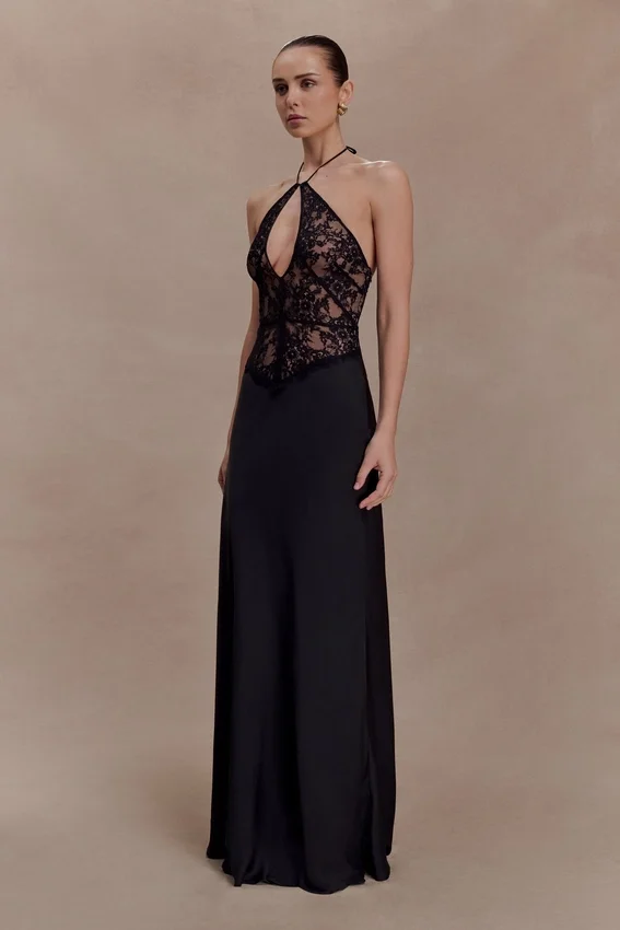 Sascha Lace And Satin Halter Maxi Dress – Black Sascha Lace And Satin Halter Maxi Dress – Black