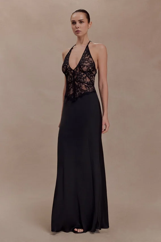 Sascha Lace And Satin Halter Maxi Dress – Black Sascha Lace And Satin Halter Maxi Dress – Black