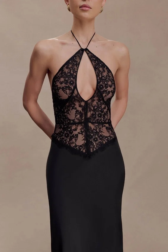 Sascha Lace And Satin Halter Maxi Dress – Black Sascha Lace And Satin Halter Maxi Dress – Black