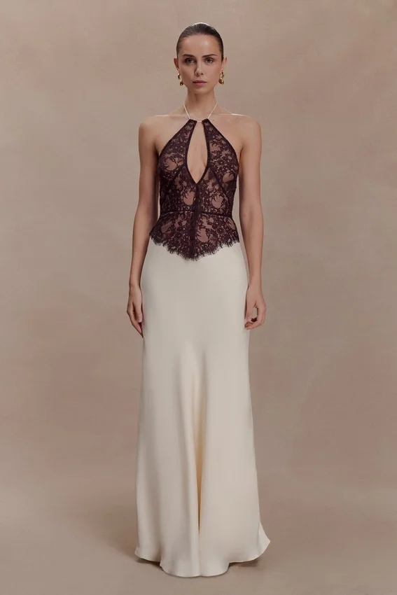 Sascha Lace And Satin Halter Maxi Dress – Ivory/Chocolate Sascha Lace And Satin Halter Maxi Dress – Ivory/Chocolate