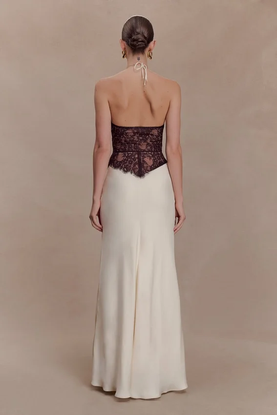Sascha Lace And Satin Halter Maxi Dress – Ivory/Chocolate Sascha Lace And Satin Halter Maxi Dress – Ivory/Chocolate