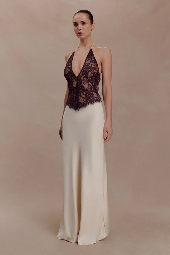 Sascha Lace And Satin Halter Maxi Dress – Ivory/Chocolate Sascha Lace And Satin Halter Maxi Dress – Ivory/Chocolate