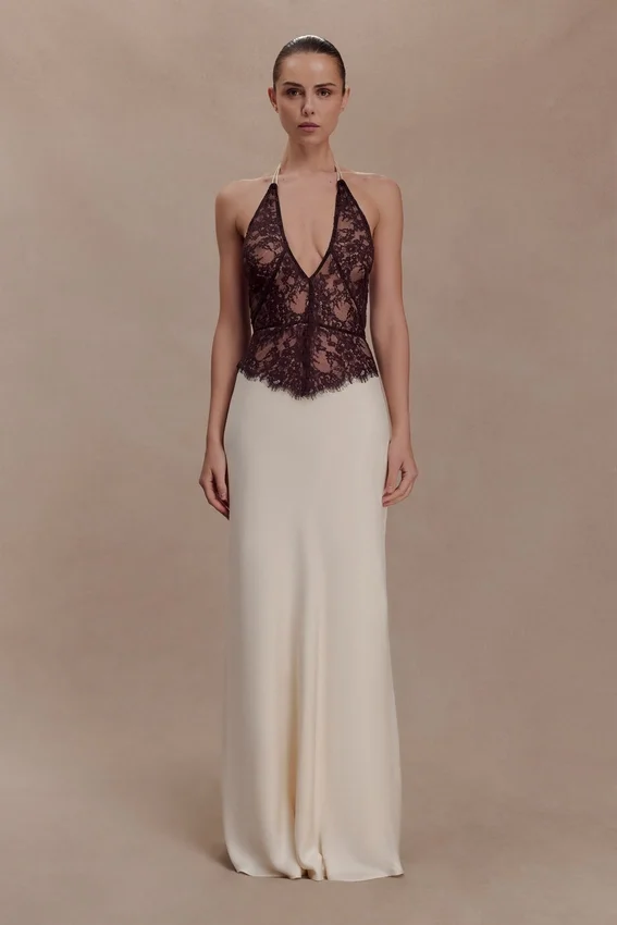 Sascha Lace And Satin Halter Maxi Dress – Ivory/Chocolate Sascha Lace And Satin Halter Maxi Dress – Ivory/Chocolate