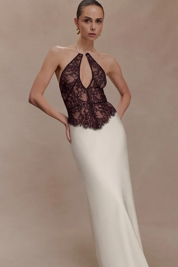 Sascha Lace And Satin Halter Maxi Dress – Ivory/Chocolate Sascha Lace And Satin Halter Maxi Dress – Ivory/Chocolate