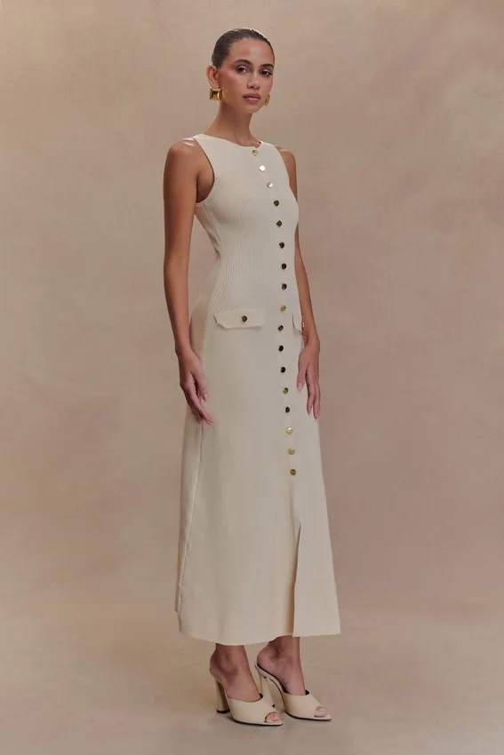 Sawyer Sleeveless Buttoned Maxi Dress – Ivory Sawyer Sleeveless Buttoned Maxi Dress – Ivory