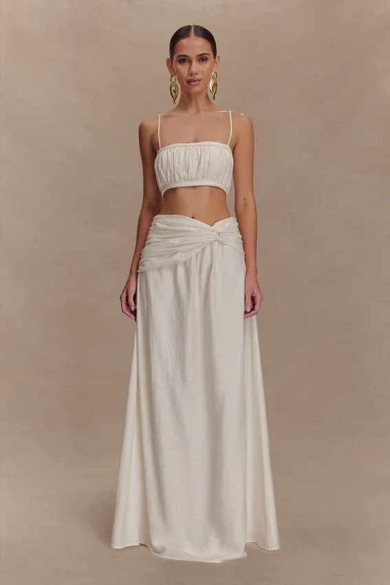 Scottie Gathered Linen Knot Maxi Skirt – Oat Marle Scottie Gathered Linen Knot Maxi Skirt – Oat Marle