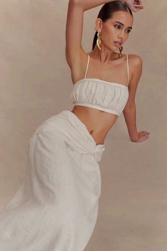 Scottie Gathered Linen Knot Maxi Skirt – Oat Marle Scottie Gathered Linen Knot Maxi Skirt – Oat Marle