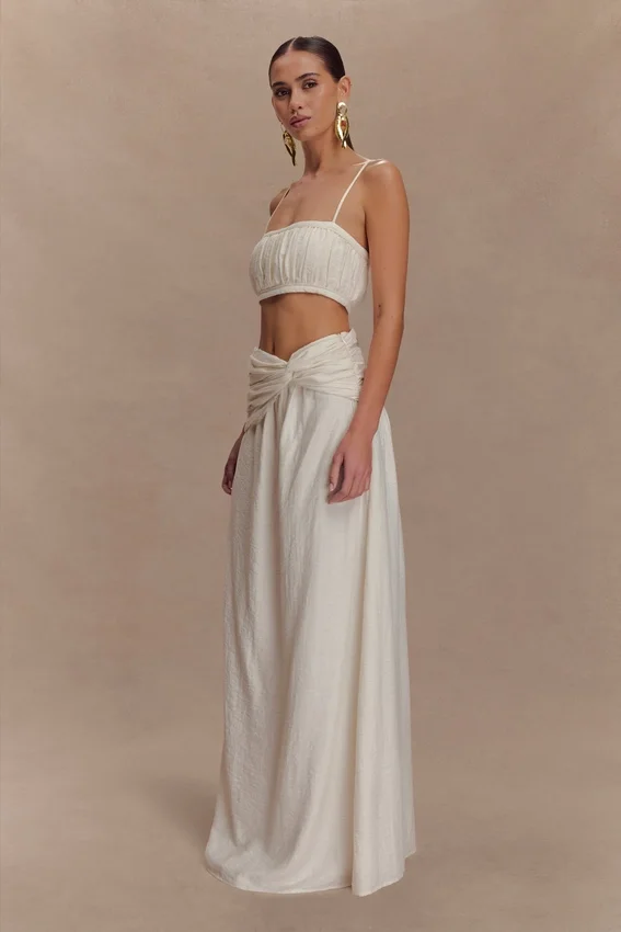 Scottie Gathered Linen Knot Maxi Skirt – Oat Marle Scottie Gathered Linen Knot Maxi Skirt – Oat Marle
