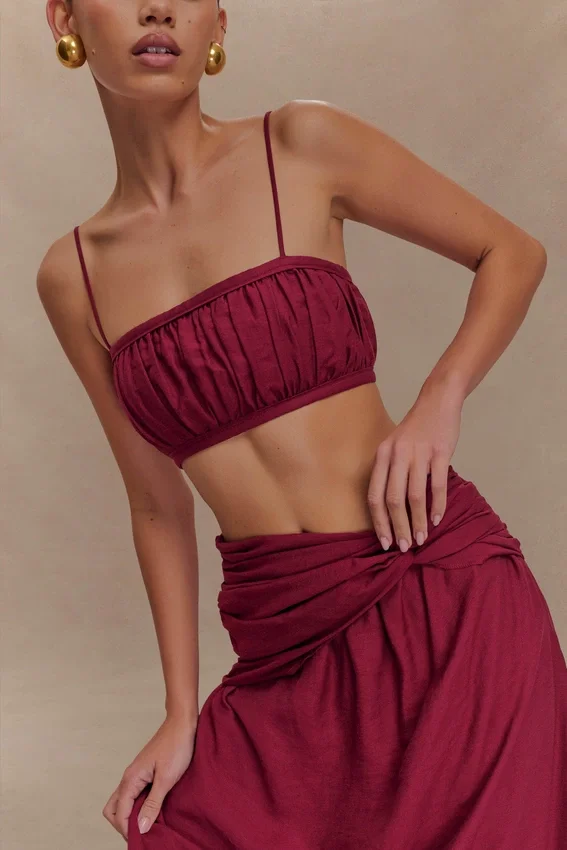 Scottie Shirred Linen Bandeau – Wine Scottie Shirred Linen Bandeau – Wine
