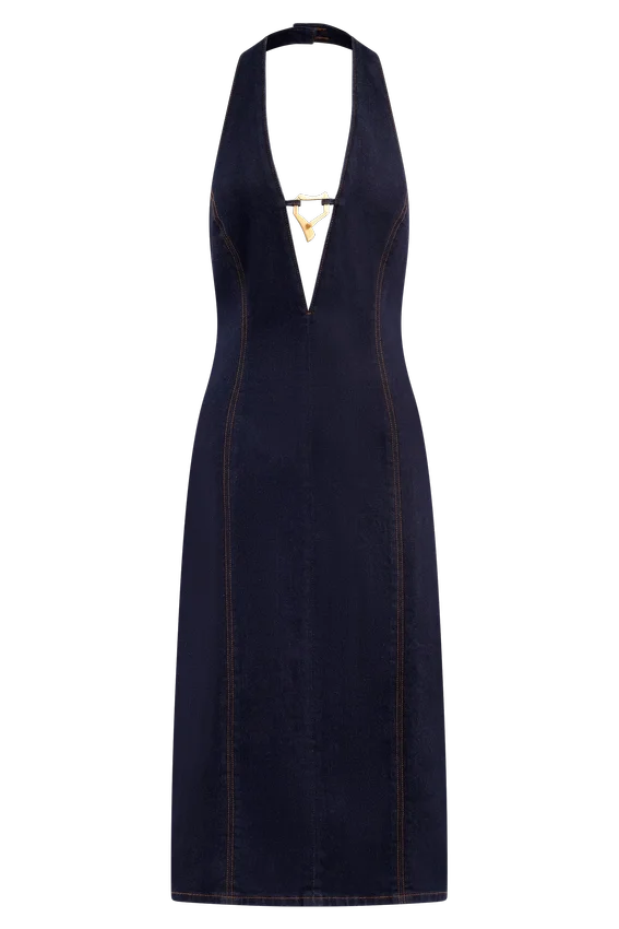 Shauna Denim Halter Midi Dress – Indigo Blue Shauna Denim Halter Midi Dress – Indigo Blue