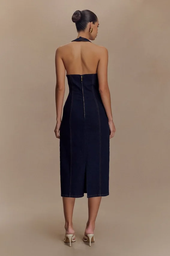 Shauna Denim Halter Midi Dress – Indigo Blue Shauna Denim Halter Midi Dress – Indigo Blue