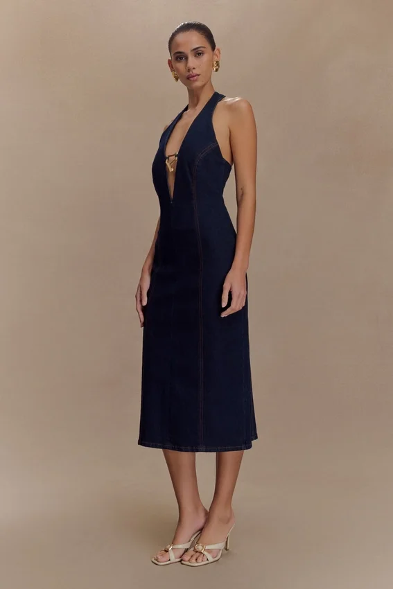 Shauna Denim Halter Midi Dress – Indigo Blue Shauna Denim Halter Midi Dress – Indigo Blue