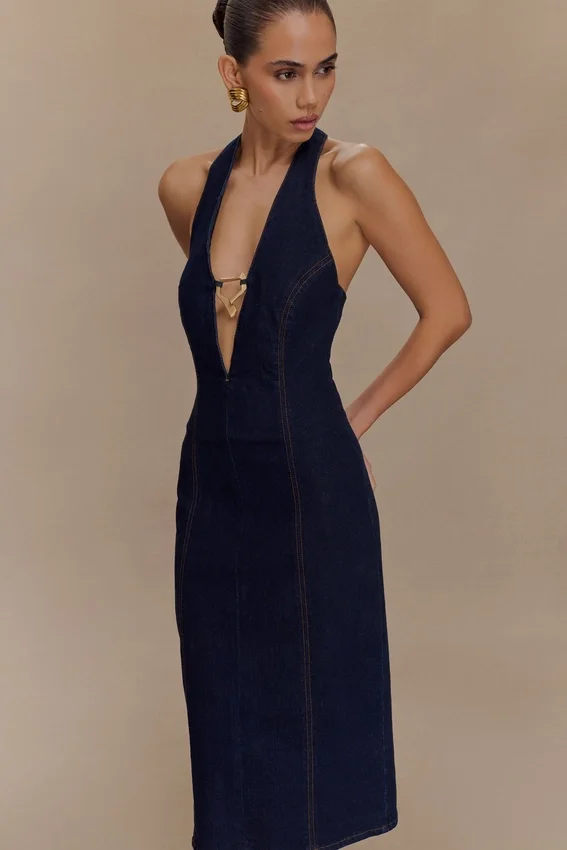 Shauna Denim Halter Midi Dress – Indigo Blue Shauna Denim Halter Midi Dress – Indigo Blue