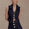 Shona Denim Vest With Decorative Buttons – Washed Indigo Blue