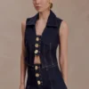 Shona Denim Vest With Decorative Buttons – Washed Indigo Blue