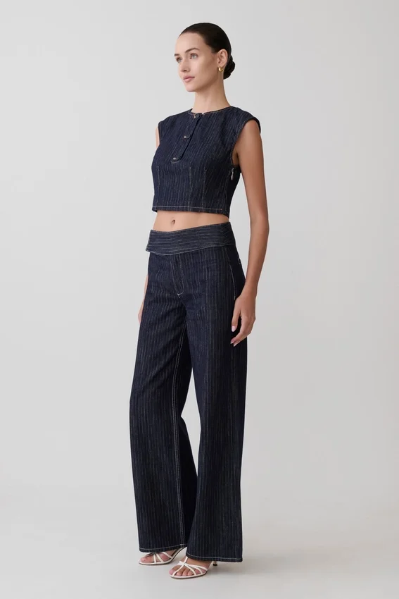 Sienna Flare Mid Rise Denim Jeans – Indigo Pinstripe Sienna Flare Mid Rise Denim Jeans – Indigo Pinstripe