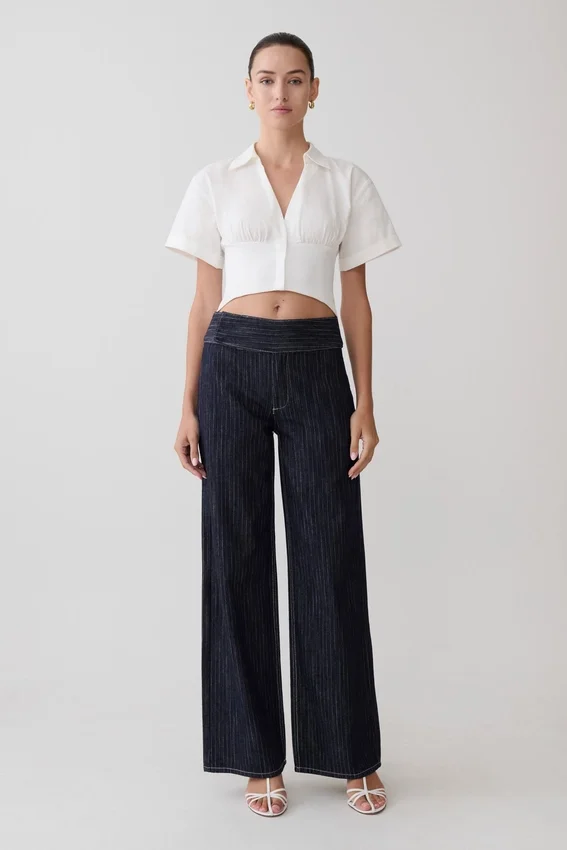 Sienna Flare Mid Rise Denim Jeans – Indigo Pinstripe Sienna Flare Mid Rise Denim Jeans – Indigo Pinstripe