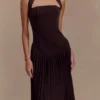 Stacie Pleated Halter Maxi Dress – Cacao