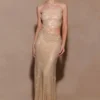 Starla Strapless Diamante Maxi Dress – Gold