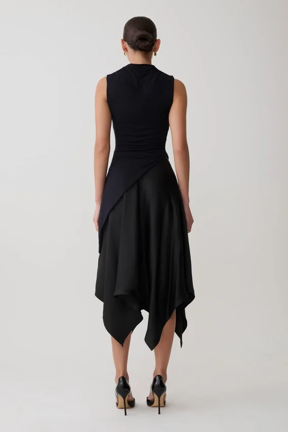 Coralie Asymmetric Satin Midi Skirt – Black Coralie Asymmetric Satin Midi Skirt – Black