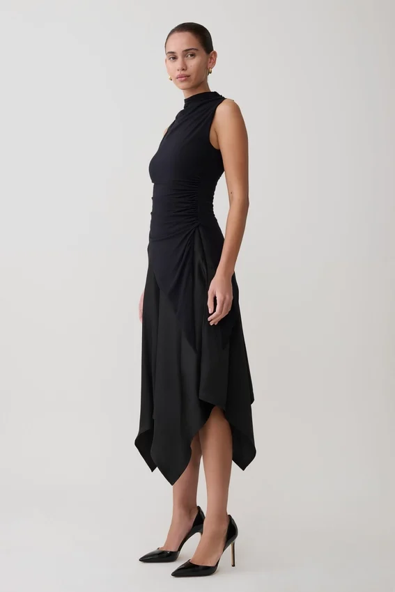 Coralie Asymmetric Satin Midi Skirt – Black Coralie Asymmetric Satin Midi Skirt – Black