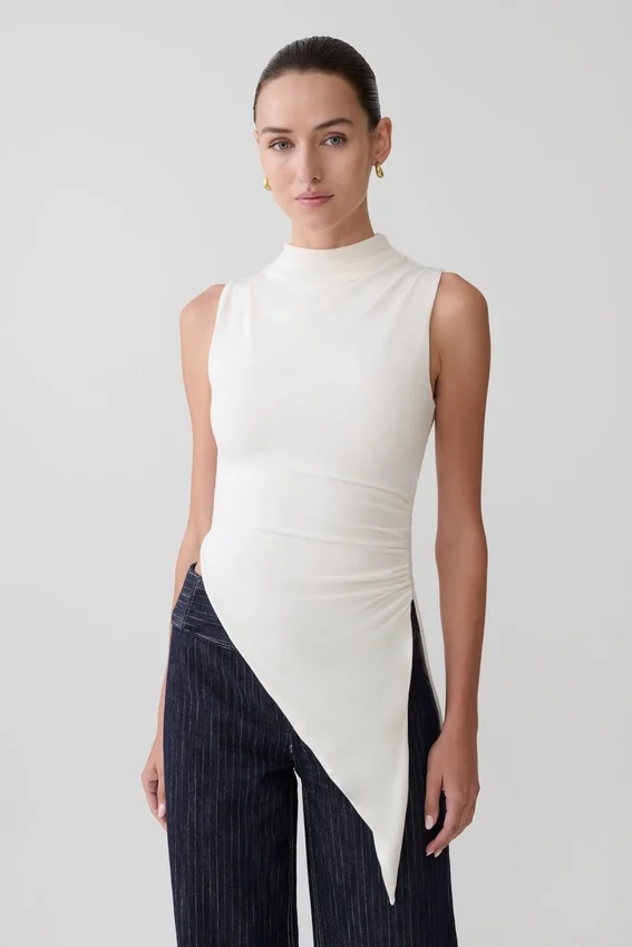 Suong High Neck Gathered Top – White Suong High Neck Gathered Top – White