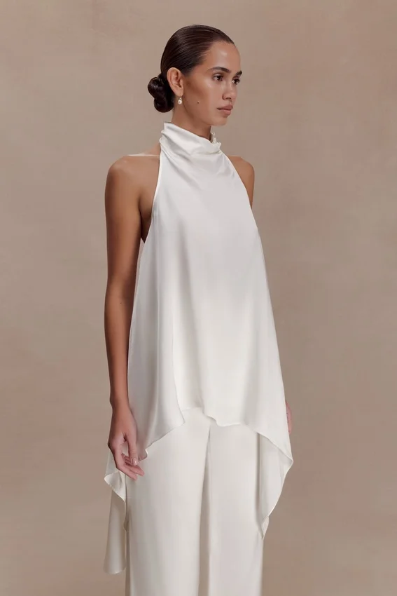 Sydney Asymmetrical Satin Halter Top – Ivory Sydney Asymmetrical Satin Halter Top – Ivory