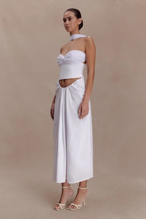 Talia Draped Linen Midi Skirt – White Talia Draped Linen Midi Skirt – White