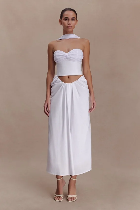 Talia Draped Linen Midi Skirt – White Talia Draped Linen Midi Skirt – White