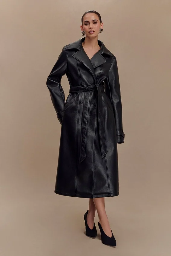 Tarah Faux Leather Trench Coat – Black Tarah Faux Leather Trench Coat – Black