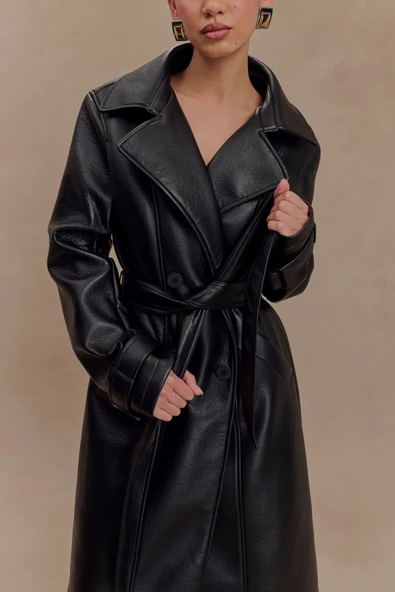 Tarah Faux Leather Trench Coat – Black Tarah Faux Leather Trench Coat – Black