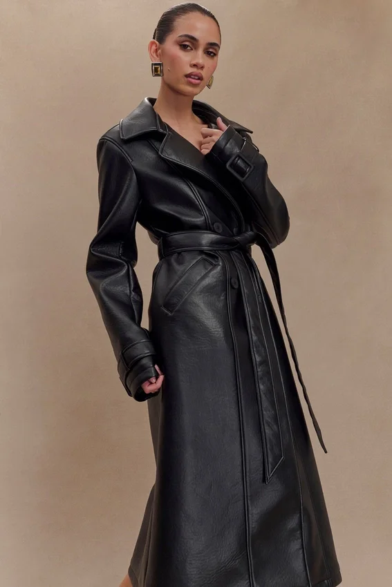 Tarah Faux Leather Trench Coat – Black Tarah Faux Leather Trench Coat – Black