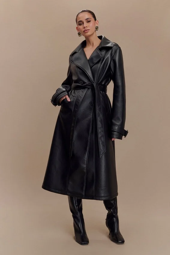 Tarah Faux Leather Trench Coat – Black Tarah Faux Leather Trench Coat – Black
